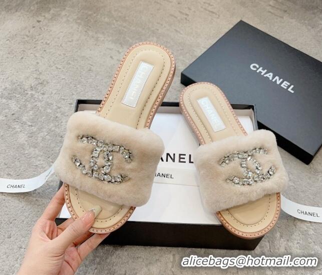 Unique Discount Chanel Wool Flat Slide Sandals with Crystal CC Beige 925007