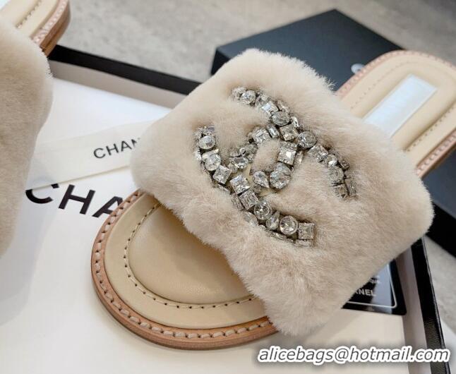 Unique Discount Chanel Wool Flat Slide Sandals with Crystal CC Beige 925007