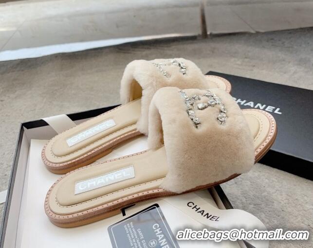 Unique Discount Chanel Wool Flat Slide Sandals with Crystal CC Beige 925007