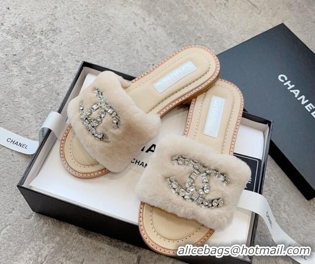 Unique Discount Chanel Wool Flat Slide Sandals with Crystal CC Beige 925007