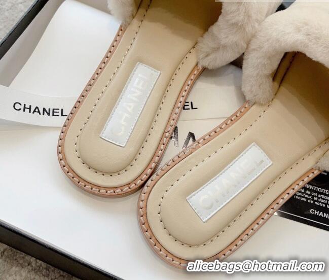 Unique Discount Chanel Wool Flat Slide Sandals with Crystal CC Beige 925007