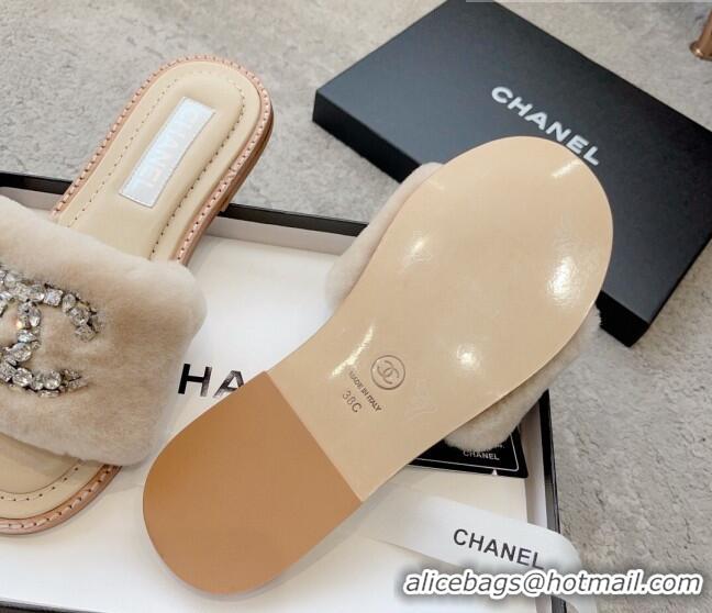 Unique Discount Chanel Wool Flat Slide Sandals with Crystal CC Beige 925007