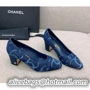 Sumptuous Chanel Printed CC Denim Pumps 6.5cm Dark Blue 925010