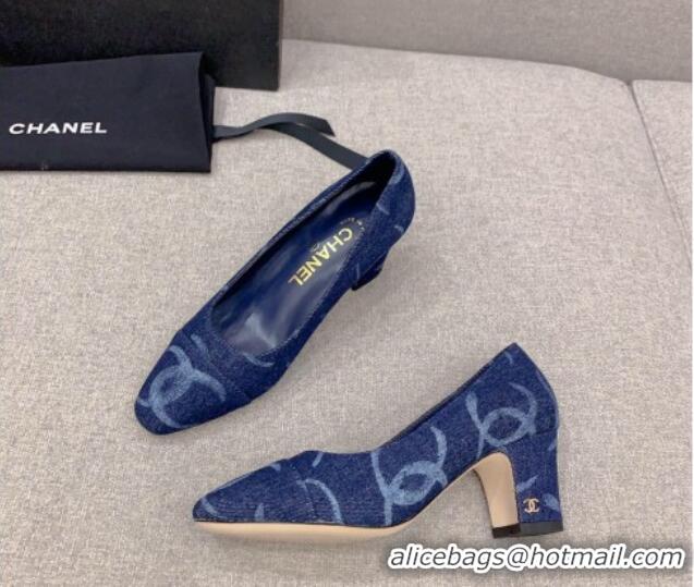 Sumptuous Chanel Printed CC Denim Pumps 6.5cm Dark Blue 925010