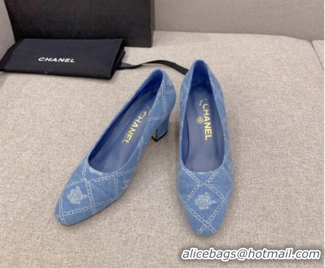 Perfect Chanel Printed CC Denim Pumps 6.5cm Light Blue 925011