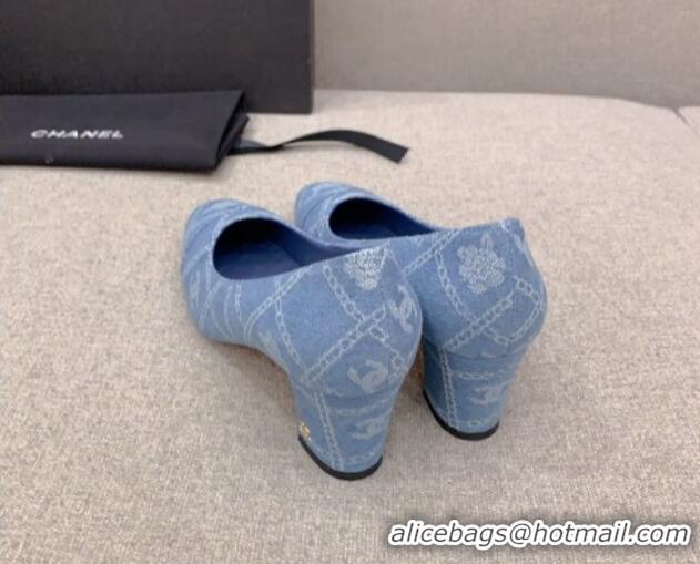 Perfect Chanel Printed CC Denim Pumps 6.5cm Light Blue 925011