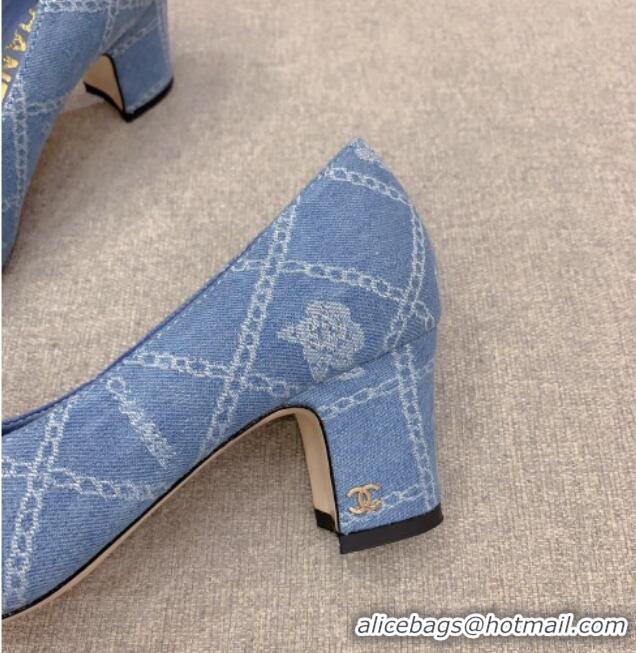 Perfect Chanel Printed CC Denim Pumps 6.5cm Light Blue 925011