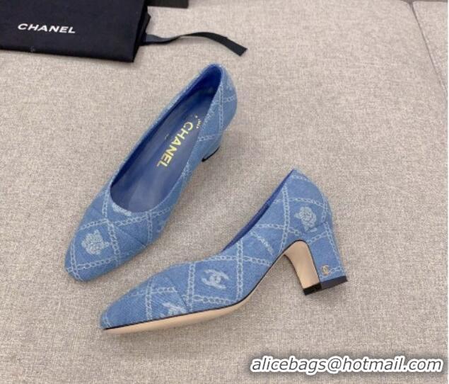 Perfect Chanel Printed CC Denim Pumps 6.5cm Light Blue 925011