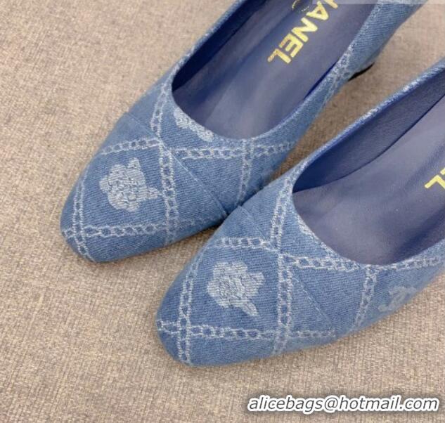 Perfect Chanel Printed CC Denim Pumps 6.5cm Light Blue 925011