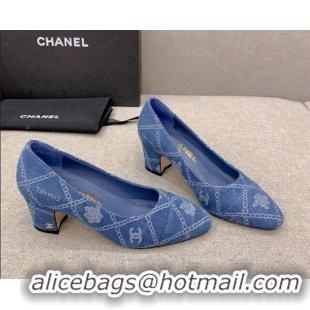 Top Grade Chanel Printed CC Denim Pumps 6.5cm Medium Blue 925012