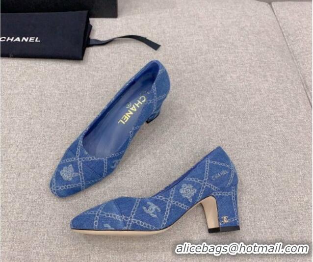 Top Grade Chanel Printed CC Denim Pumps 6.5cm Medium Blue 925012