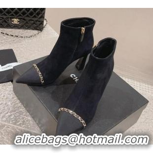 Popular Style Chanel Suede Heel Ankle Boots with Chain Black 925017