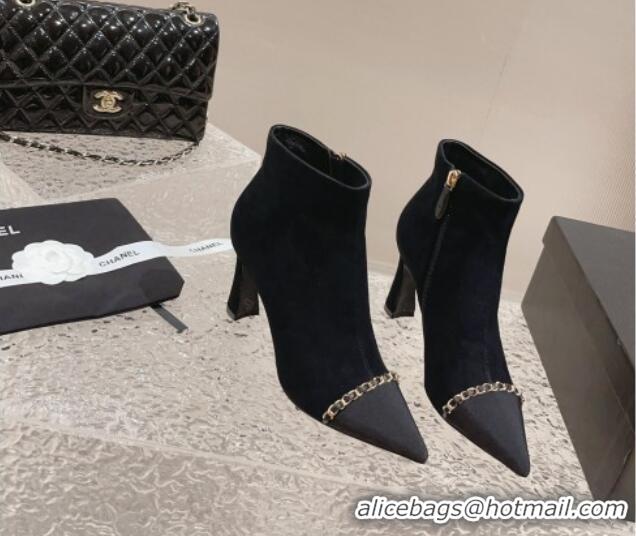 Popular Style Chanel Suede Heel Ankle Boots with Chain Black 925017