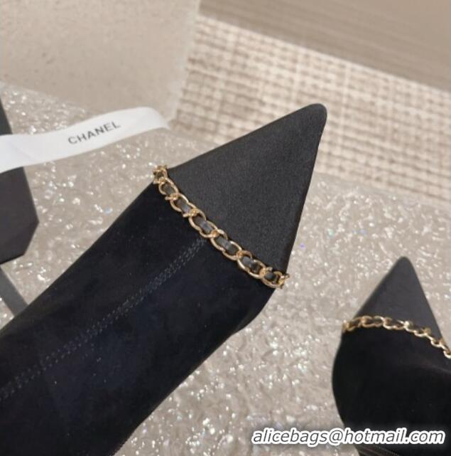 Popular Style Chanel Suede Heel Ankle Boots with Chain Black 925017