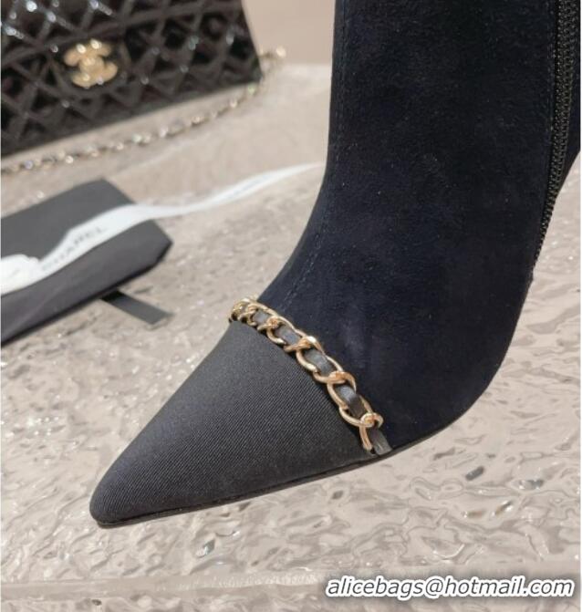 Popular Style Chanel Suede Heel Ankle Boots with Chain Black 925017