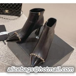 Luxurious Chanel Calfskin Heel Ankle Boots with Chain Black 925018