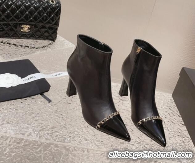 Luxurious Chanel Calfskin Heel Ankle Boots with Chain Black 925018