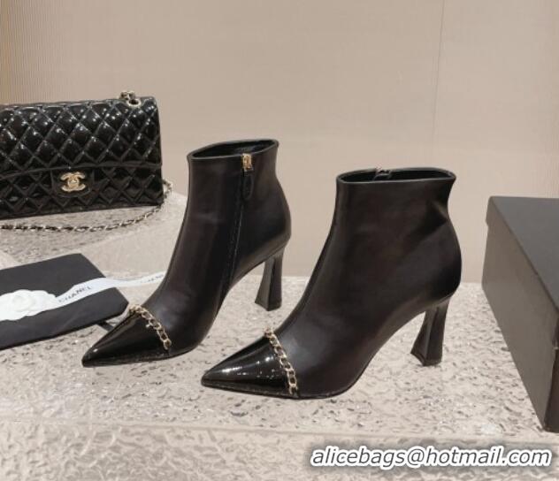 Luxurious Chanel Calfskin Heel Ankle Boots with Chain Black 925018