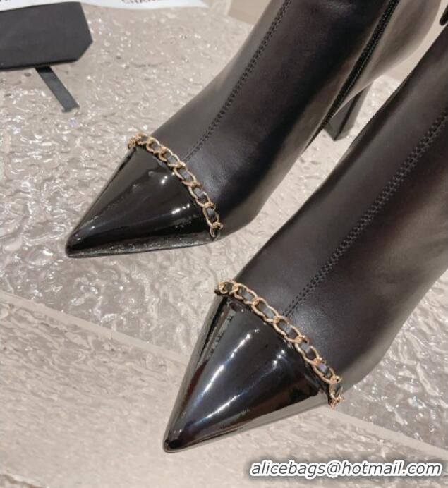 Luxurious Chanel Calfskin Heel Ankle Boots with Chain Black 925018