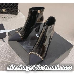 Best Grade Chanel Patent Leather Heel Ankle Boots with Chain Black 925019