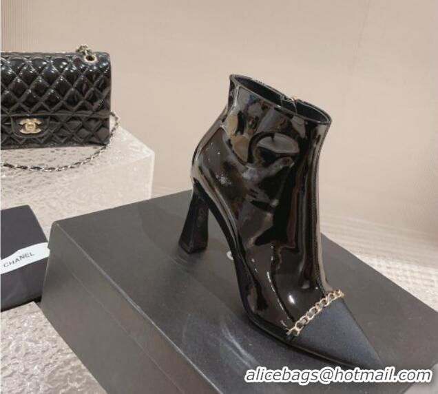 Best Grade Chanel Patent Leather Heel Ankle Boots with Chain Black 925019