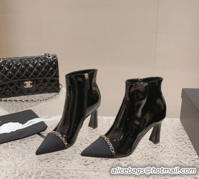 Best Grade Chanel Patent Leather Heel Ankle Boots with Chain Black 925019