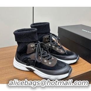 Most Popular Chanel Knit and Suede Lace-up Boots Black 925020