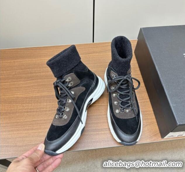 Most Popular Chanel Knit and Suede Lace-up Boots Black 925020