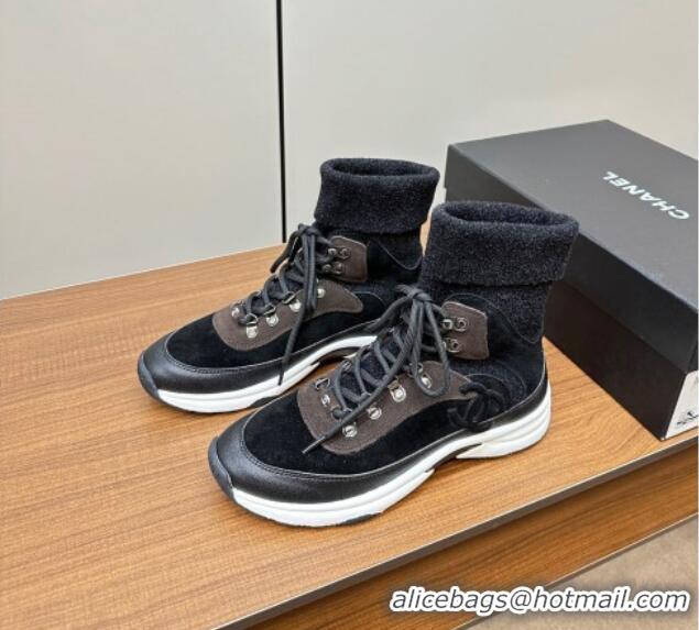 Most Popular Chanel Knit and Suede Lace-up Boots Black 925020