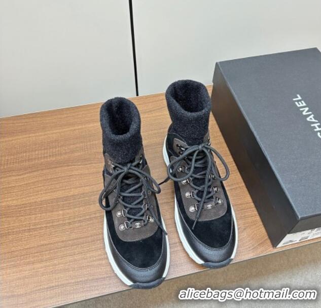 Most Popular Chanel Knit and Suede Lace-up Boots Black 925020