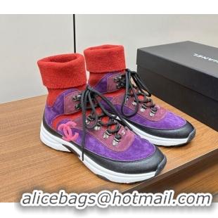 Super Quality Chanel Knit and Suede Lace-up Boots Purple 925021