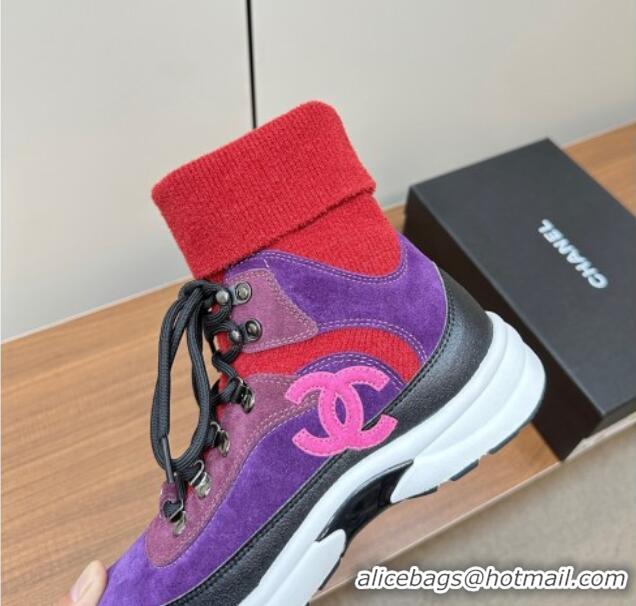 Super Quality Chanel Knit and Suede Lace-up Boots Purple 925021