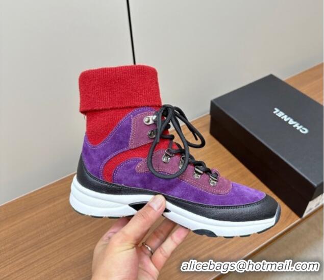 Super Quality Chanel Knit and Suede Lace-up Boots Purple 925021