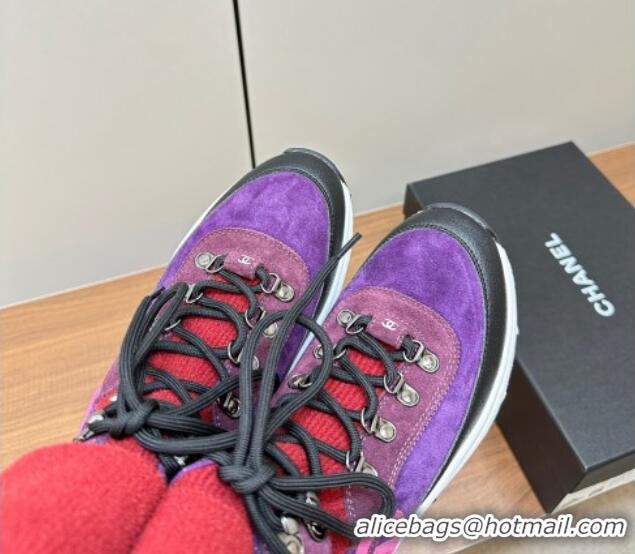 Super Quality Chanel Knit and Suede Lace-up Boots Purple 925021