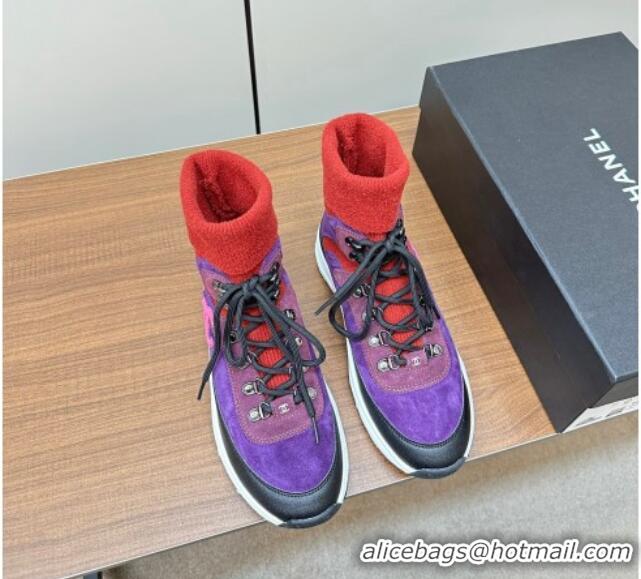 Super Quality Chanel Knit and Suede Lace-up Boots Purple 925021