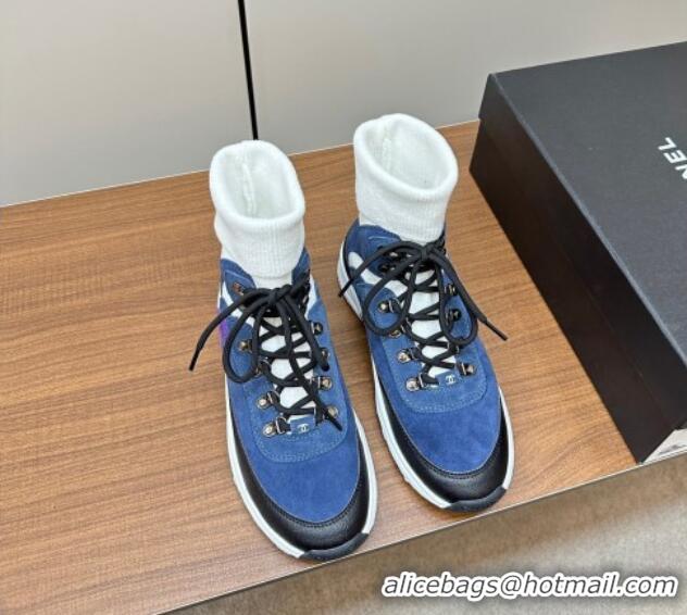 Best Quality Chanel Knit and Suede Lace-up Boots Blue 925022