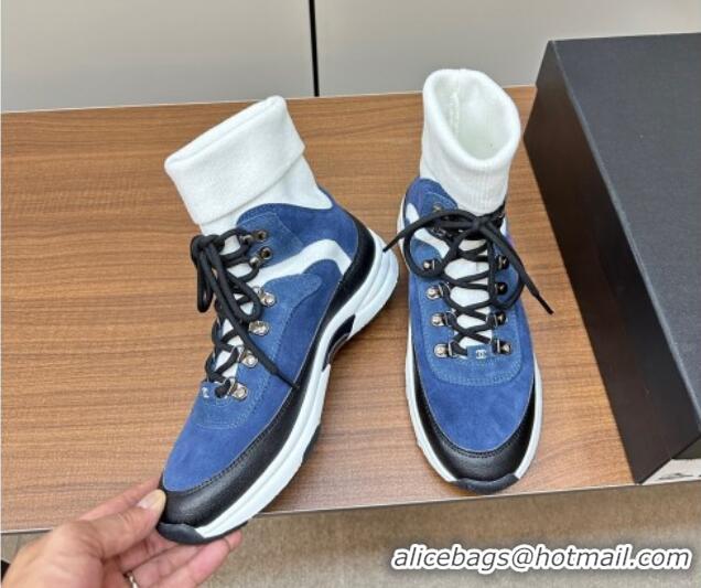 Best Quality Chanel Knit and Suede Lace-up Boots Blue 925022