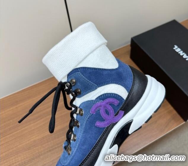 Best Quality Chanel Knit and Suede Lace-up Boots Blue 925022