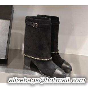 Top Quality Chanel Suede Ankle Boots 6.5cm with Chain G39345 Black 925024