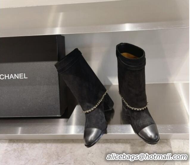 Top Quality Chanel Suede Ankle Boots 6.5cm with Chain G39345 Black 925024