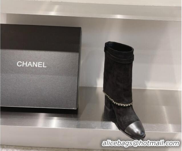 Top Quality Chanel Suede Ankle Boots 6.5cm with Chain G39345 Black 925024