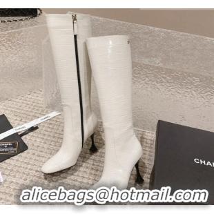 Low Price Chanel Heel High Boots 9cm in Crocodile Embossed Leather White 925026