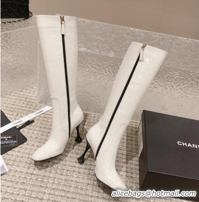 Low Price Chanel Heel High Boots 9cm in Crocodile Embossed Leather White 925026