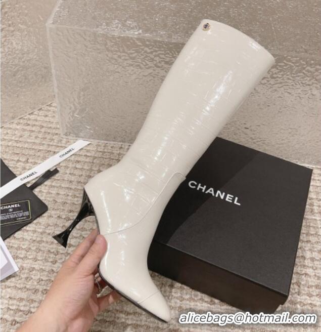 Low Price Chanel Heel High Boots 9cm in Crocodile Embossed Leather White 925026