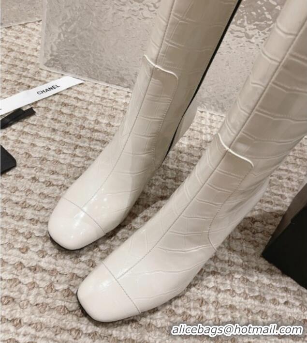 Low Price Chanel Heel High Boots 9cm in Crocodile Embossed Leather White 925026