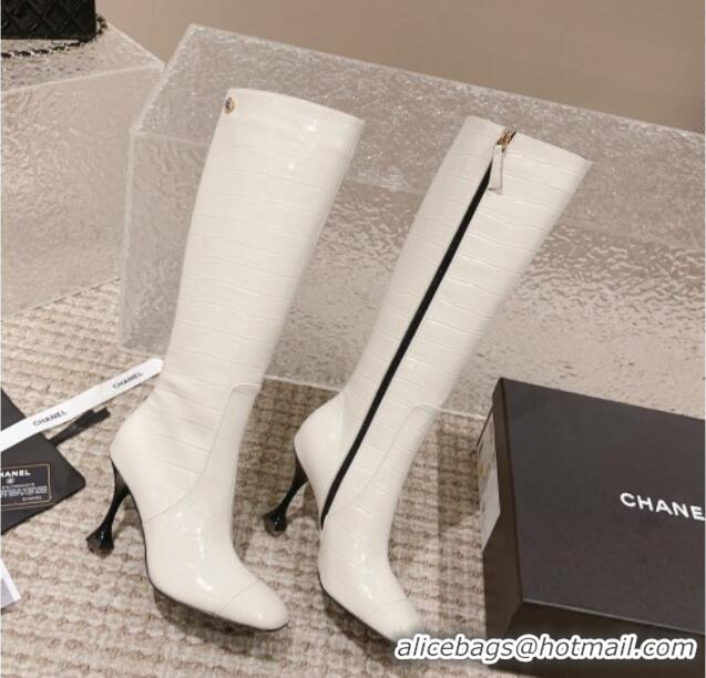 Low Price Chanel Heel High Boots 9cm in Crocodile Embossed Leather White 925026