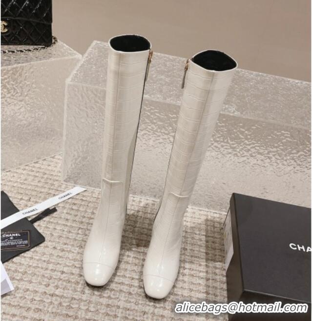 Low Price Chanel Heel High Boots 9cm in Crocodile Embossed Leather White 925026