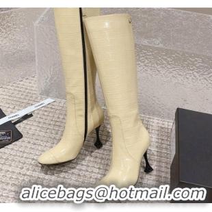 Best Price Chanel Heel High Boots 9cm in Crocodile Embossed Leather Light Yellow 925028