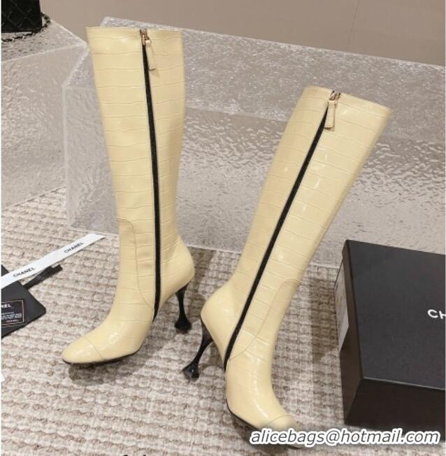 Best Price Chanel Heel High Boots 9cm in Crocodile Embossed Leather Light Yellow 925028