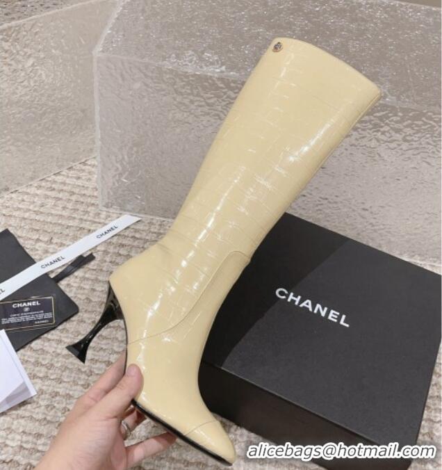 Best Price Chanel Heel High Boots 9cm in Crocodile Embossed Leather Light Yellow 925028